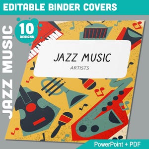 May include: A binder cover with a yellow background and a colorful pattern of musical instruments, including a saxophone, trumpet, guitar, and drums. The text "Jazz Music Artists" is in a white box in the center of the cover.