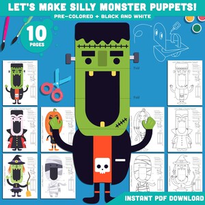 May include: A blue background with the text "LET'S MAKE SILLY MONSTER PUPPETS!" and "PRE-COLORED + BLACK AND WHITE." The image features a large green Frankenstein monster puppet design, along with 10 pages of monster puppet templates and scissors.