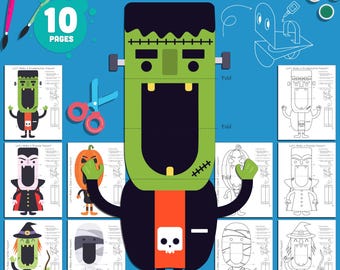 Halloween Paper Puppet Characters: 10 Pages with 5 Pre-Colored+5 Black & White Versions, Perfect for Classroom Craft Party and Dramatic Play