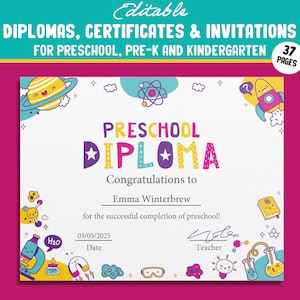Diplomas, certificados e invitaciones de ciencias personalizables para graduaciones de preescolar y jardín de infantes, 37 páginas, descarga instantánea de archivos PDF