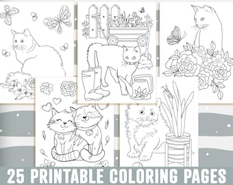 Cat Coloring Pages, 25 Printable Cat Coloring Pages for Kids, Boys, Girls, Teens, Adults. Kitten Birthday Party Activity, Instant Download