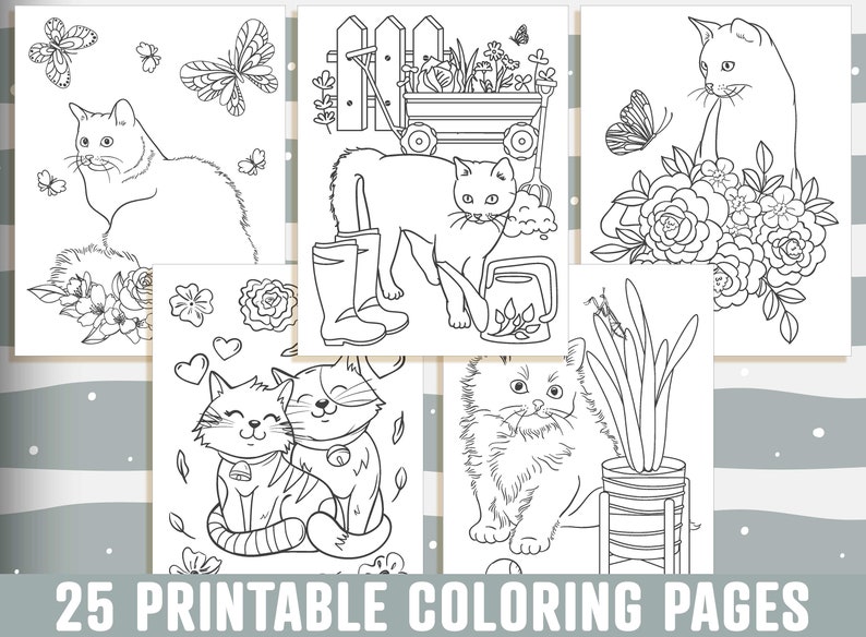May include: A set of 25 printable coloring pages featuring cute cats in various scenes. The pages include cats in gardens, with flowers, and cuddling.