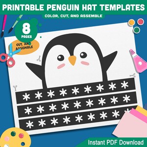 May include: Printable penguin hat templates for children. The template includes 8 pages to colour, cut, and assemble. The image shows a black and white penguin with a black and white snowflake pattern.