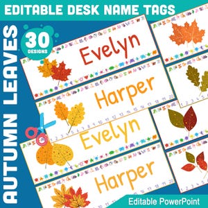 May include: Editable desk name tags with a fall theme. The tags feature colorful autumn leaves and a number line. The text "Evelyn" and "Harper" are displayed on the tags.