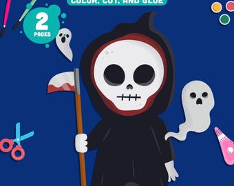 Grim Reaper Paper Craft for Preschool Pre-K Kindergarten, Easy Halloween Cut & Glue Craft, Fall Bulletin Board, Pre-Colored +Black and White