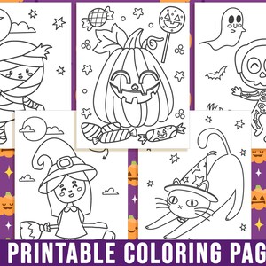 May include: A set of 25 printable Halloween coloring pages featuring cute characters like a mummy, pumpkin, ghost, witch, and cat.  The pages are black and white and ready to be colored.