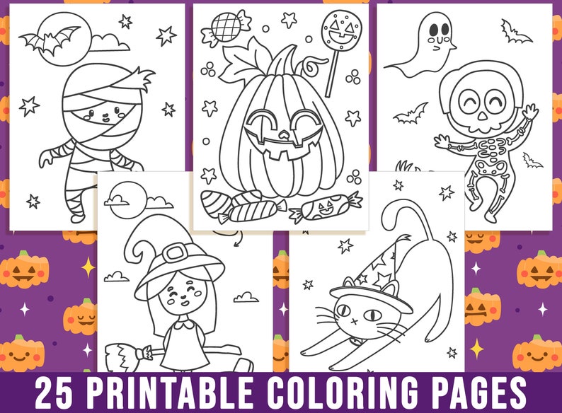 May include: A set of 25 printable Halloween coloring pages featuring cute characters like a mummy, pumpkin, ghost, witch, and cat.  The pages are black and white and ready to be colored.