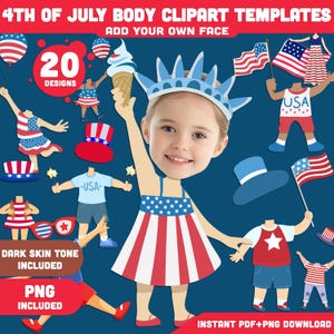 4th of July Body Clipart Templates: Add Your Photo Face, Patriotic Cutouts, DIY Independence Day Craft, Light + Dark Skin Tone, PDF + PNG