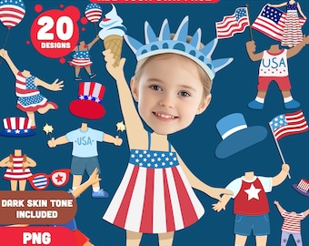 4th of July Body Clipart Templates: Add Your Photo Face, Patriotic Cutouts, DIY Independence Day Craft, Light + Dark Skin Tone, PDF + PNG