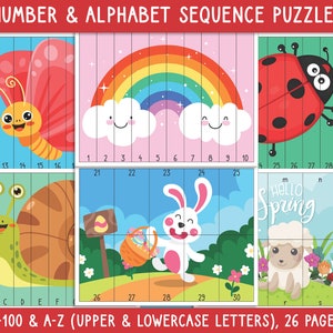Quebra-cabeças de sequência de números e alfabeto de primavera (para impressão), 1-100 e A-Z (letras maiúsculas e minúsculas), para crianças pequenas, pré-escola, jardim de infância
