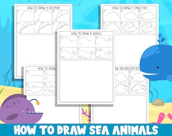 May include: A printable worksheet with step-by-step instructions on how to draw a dolphin, whale, tang fish, and anglerfish. The worksheet is titled "How to Draw Sea Animals".