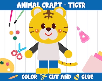 Animal Craft Activity - Tiger : Color, Cut, and Glue for PreK to 2nd Grade, PDF File, Instant Download
