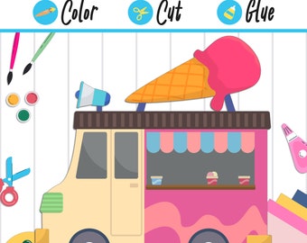 Artisanat de camion de crème glacée pour les enfants : colorier, couper et coller, une activité amusante pour la maternelle à la 2e année, PDF à téléchargement immédiat