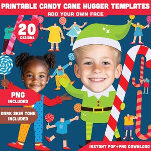 Printable Candy Cane Hugger Templates, Add Your Face Winter & Christmas Crafts, 20 Designs,  Light + Dark Skin Tone, PDF + PNG, 300 DPI