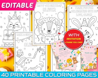 40 Printable and Editable Birthday Coloring Pages for Kids, Boys, Girls with Invitation and Thank You Card, PDF File, Instant Download