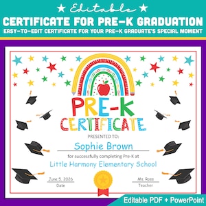 Plantilla editable de diploma de graduación de prejardín de infantes: PDF personalizable en tamaño carta + PowerPoint, perfecta para celebraciones de fin de año