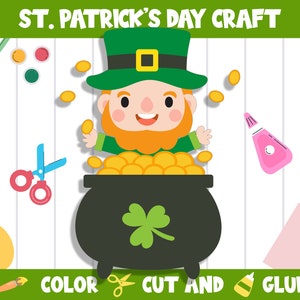 Può includere: Illustrazione di un lavoretto per la festa di San Patrizio con un folletto con un cappello verde sopra un pentolone d'oro. L'immagine include forbici, pennelli, vernice, colla e il testo "ST. PATRICK'S DAY CRAFT" e "COLOR CUT AND GLUE."