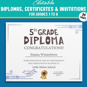 Druckbare 5.Klassen-Diplome, bearbeitbare Zertifikate für die 1.-8.Klasse & Einladungsvorlagen in einem einfachen Design, 34 Seiten, Sofort Download