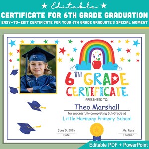 Plantilla de certificado con fotografía de sexto grado: PDF y PowerPoint editables para graduación, reconocimiento de logros y premios por logros importantes, tamaño carta