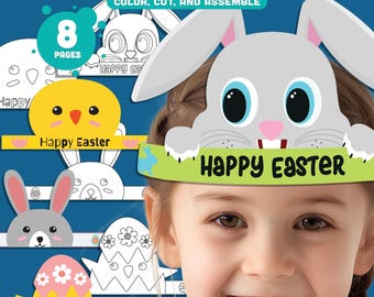 Easter Hat Paper Crown Templates, Printable Headband Craft for Kids, Fun Spring Designs Featuring Bunny & Chick, Instant PDF Download.