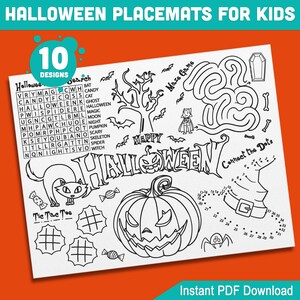 Peut inclure: Set de table imprimable d'Halloween en noir et blanc avec une recherche de mots, un jeu de points à relier, un labyrinthe, un jeu de morpion et une citrouille. Le set de table indique "Joyeux Halloween" en grandes lettres.