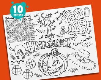 Divertidos manteles individuales de Halloween para imprimir para niños: 10 diseños espeluznantes para niños, niñas y adolescentes, perfectos para actividades de fiesta de Halloween