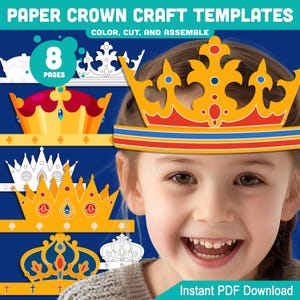 Papierkronen Bastelvorlage – Make-Believe Monarch Spaß mit 4 König und Königin Haarband Designs, Farbe + S&W, 8 druckbare Seiten, PDF Download