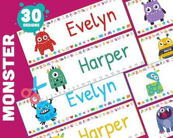 Editable Funny Monster Table Name Tags for Students: 30 Designs, 8.5x11, 2 Per Page, Includes Alphabet, Shapes, and Numbers 1-20