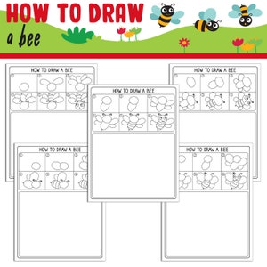 May include: A printable worksheet with step-by-step instructions on how to draw a cartoon bee. The worksheet includes five different stages of drawing a bee, starting with a simple circle and ending with a fully formed bee with wings, antennae, and a smiling face.