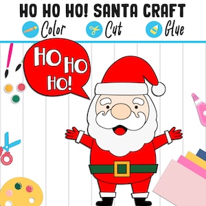 May include: A cartoon Santa Claus illustration with a red suit, hat, and a white beard. The image includes the text "HO HO HO! SANTA CRAFT" and icons for coloring, cutting, and gluing. Additional craft supplies are visible.