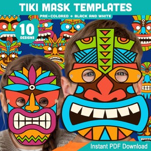 Pode incluir: Modelos de máscaras Tiki coloridas com 10 designs, pré-coloridos e em preto e branco. As máscaras apresentam cores vibrantes como vermelho, laranja, azul e verde. O texto "TIKI MASK TEMPLATES" está no topo, com "Instant PDF Download" na parte inferior.