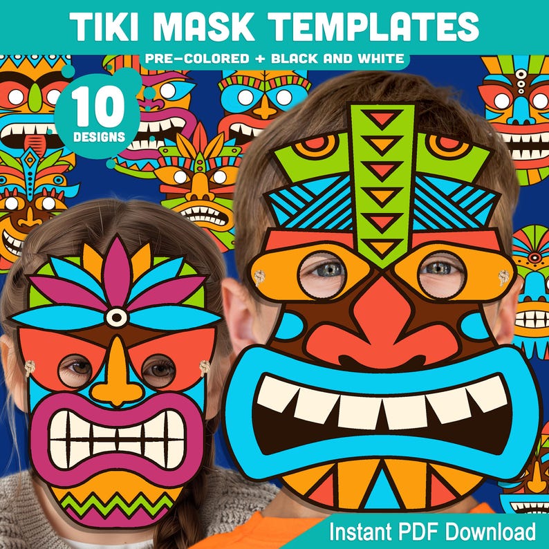 Tiki Mask Templates, Tropical Tribal Printable Set, Extra-thick Bold