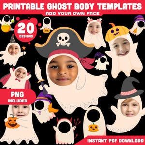 Pode incluir: Um download digital com modelos de corpo de fantasma imprimíveis com espaço para um rosto. A imagem inclui 20 designs, com vários disfarces de Halloween, como um pirata, uma bruxa e uma abóbora. O texto diz "PRINTABLE GHOST BODY TEMPLATES" e "ADD YOUR OWN FACE".