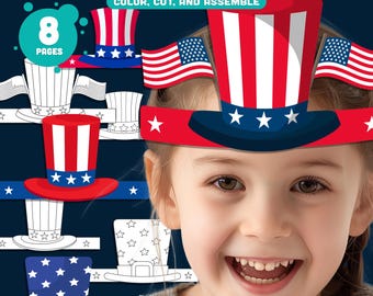 Uncle Sam Hat Paper Crown, Patriotic Headband for Kids, 4th of July, Veterans Day, Party Hat Craft Activity, PDF with Color + Black & White