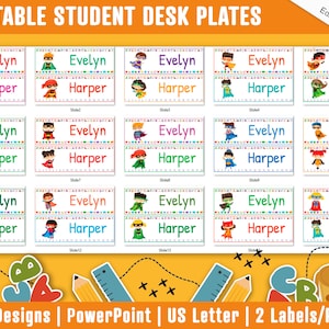 Placas de escritorio para estudiantes, 30 niños superhéroes imprimibles / editables Etiquetas de nombre de aula / placas de identificación para estudiantes Una adición útil a su aula