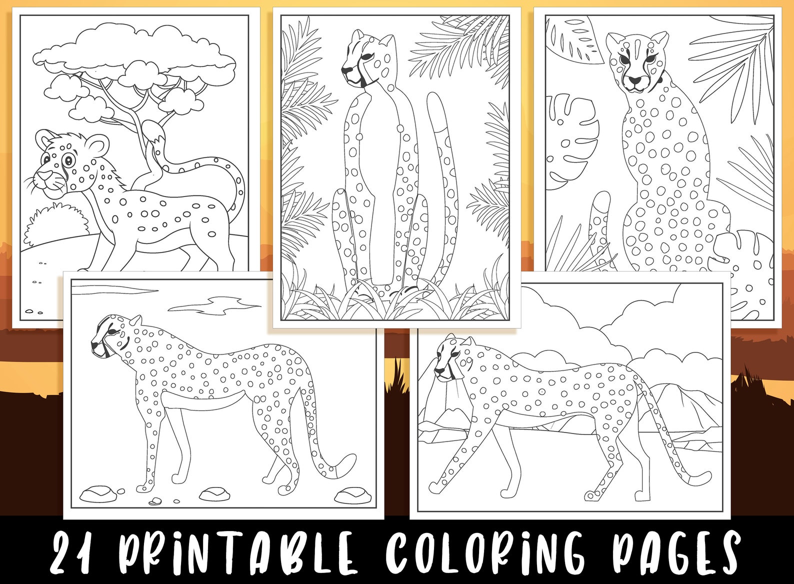 Cheetah Coloring Pages 21 Printable Cheetah Coloring Pages - Etsy