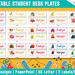 Fruit Superhero Student Desk Plates: 30 Editable Designs with PowerPoint, US Letter Size, Instant Download