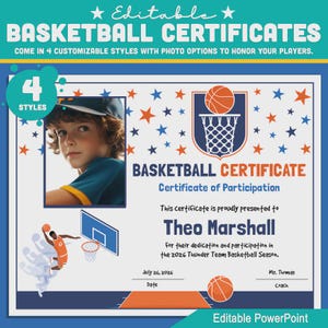 Könnte beinhalten: Basketball-Zertifikat mit Foto eines jungen Mannes, Basketballgrafiken und Text. Das Zertifikat ist für Theo Marshall für die Basketballsaison 2026 des Thunder Teams. Das Zertifikat ist anpassbar und editierbar.