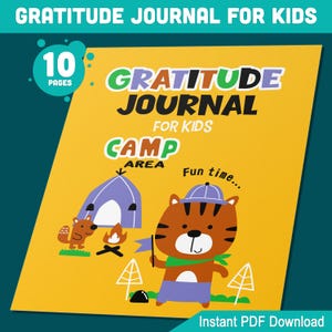 Diario de gratitud con temática de campamento para niños: 10 mensajes diarios únicos, imprimible en tamaño carta, A4, 6" x 9", perfecto para niños y niñas, descarga instantánea
