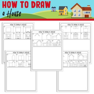 Può includere: Un foglio di lavoro stampabile in bianco e nero con istruzioni su come disegnare una casa. Il foglio di lavoro è diviso in sezioni con passaggi numerati che mostrano come disegnare una casa da forme semplici a caratteristiche più dettagliate.
