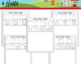 Learn How to Draw a House Easy: Directed Drawing Step by Step Tutorial, Includes 5 Coloring Pages, PDF File, Instant Download.