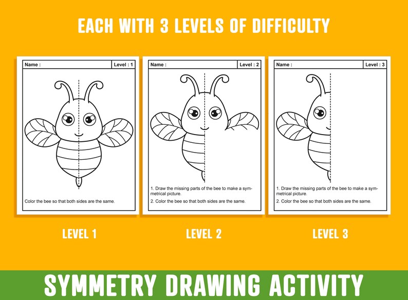 Symmetry Drawing, Lines of Symmetry Activity, 24 Pages/8 Designs, Each