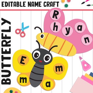 Actividad artesanal con nombre de mariposa: tablón de anuncios de regreso a clases, 40 páginas, 5 diseños, en blanco y editable, versiones en color y en blanco y negro