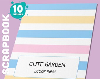 May include: Binder cover with horizontal stripes in pastel yellow, blue, and pink. The cover has the text "CUTE GARDEN DECOR IDEAS" in a white rectangle. The words "EDITABLE BINDER COVERS" and "SCRAPBOOK" are also visible.