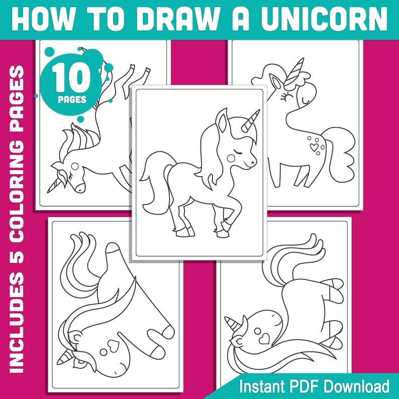 Learn How to Draw a Unicorn for Kids 5page Stepbystep Directed