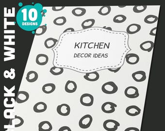 May include: Editable binder cover with a white background and black circles. The cover has a white label with the text "Kitchen Decor Ideas".