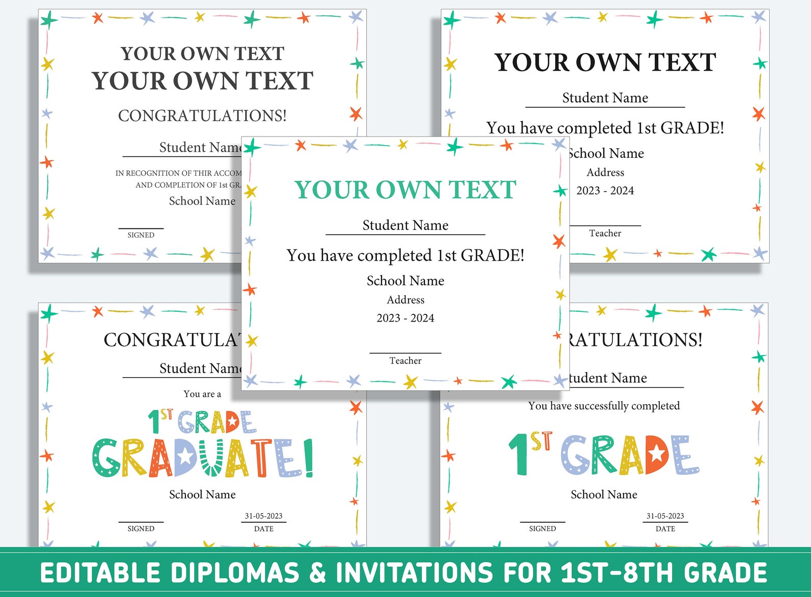 Editable 2nd Grade Awards, 1st to 8th Grade Diploma, Certificate of