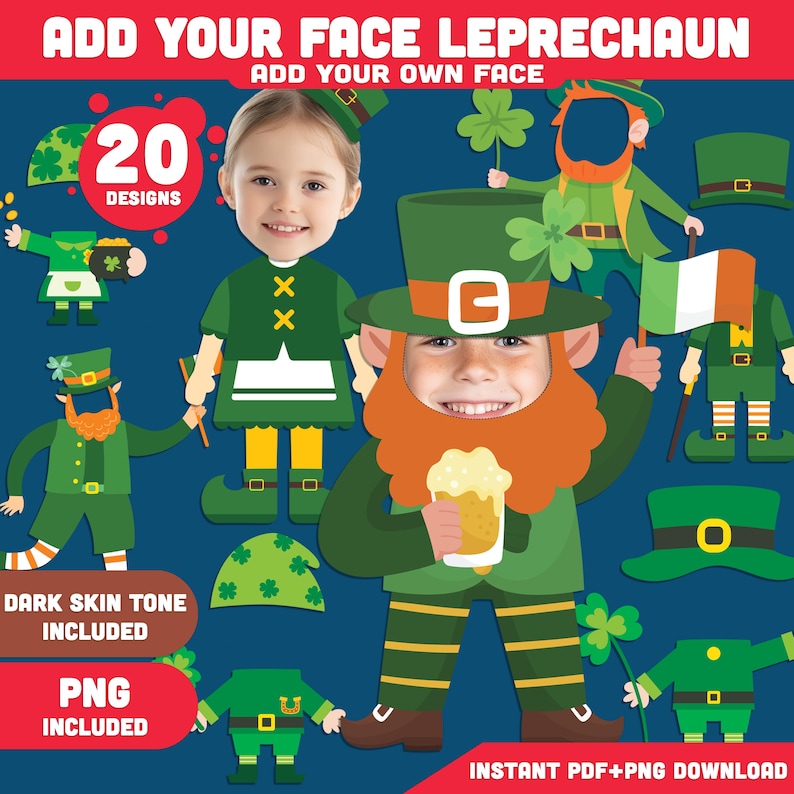May include: Printable craft activity for making a leprechaun. The craft includes a green hat, a green shirt with a yellow bow tie, a green skirt, a green vest, a green hat, a walking stick, and a flag with the colors of the Irish flag. The text on the image reads: 'Add Your Face Leprechaun Craft' and '20 Pages'.