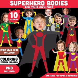 Puede incluir: Un gráfico digital con 10 diseños de superhéroes con espacio para una cara. La imagen incluye texto que dice "SUPERHERO BODIES", "ADD YOUR OWN FACE", "DARK SKIN TONE INCLUDED", "COLORING VERSION INCLUDED" y "PNG INCLUDED".