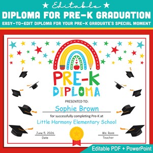 Bearbeitbare Pre-K-Diploma Abschlussurkunde Vorlage für den letzten Schultag: Briefgröße, bearbeitbare PDF + Präsentation, Sofort-Download!